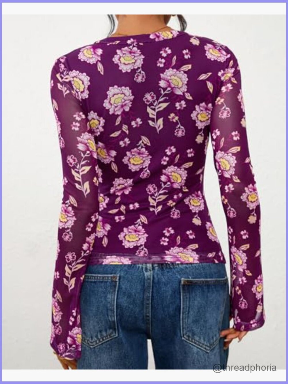V-Neck Long Sleeve Floral Blouse Ruched Button Down Shirt Boho Top - Picture 4 of 7